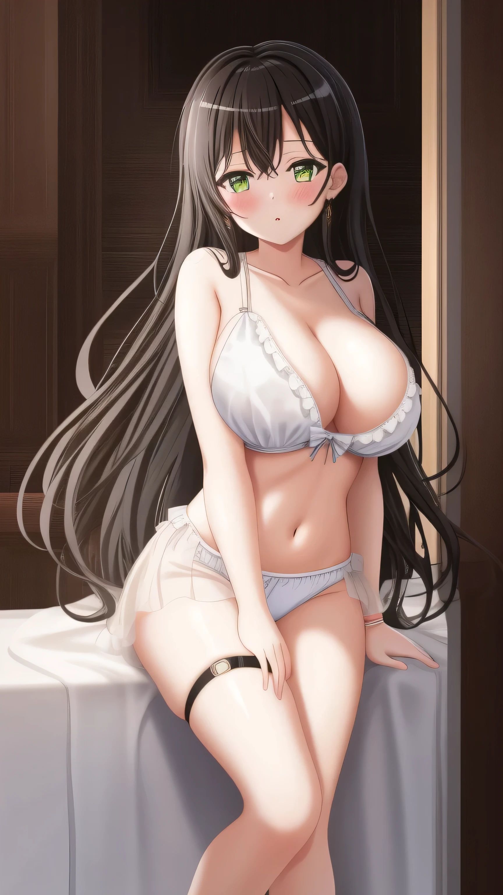 1 girl, masterpiece，underwear, blackhair, thigh, black_,exist your stomach，Green eyes， Long_hair, Big breasts,  White Pajamas，Transparent Pajamas，Open pajamas，Bare belly，exist_Back, In the bedroom, rear, bangs, Lysis, blush,Lying on exist bed，White，，White，Whole body love， clavicle，Leg ring，Hairpin，Big breasts，nipple，