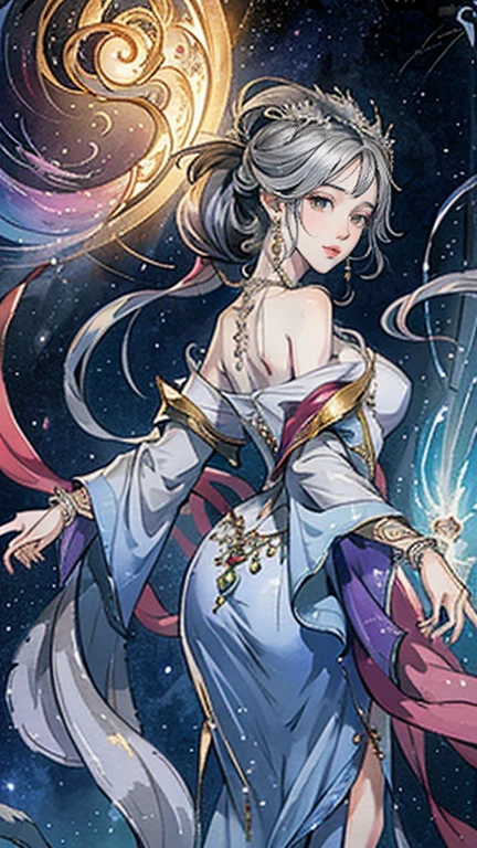 （masterpiece，Best Quality，High resolution, Unity8k wallpaper, Official Art), (One young beautiful girl), colorful, Detailed illustration art, Super detailed，Large Breasts, (Intertwined, Datura stramonium, Tangle), The Goddess, White lace dress, Silver Tiara, necklace, earrings, Gold Bracelet, Off the shoulder, Look at me and smile, Divine Light，Looking back beauty, Like a painting, flash drawing，Vibrant colors, Perfect Majic, Fantasy World, background, star雲, star, milky way, Detailed digital art, 