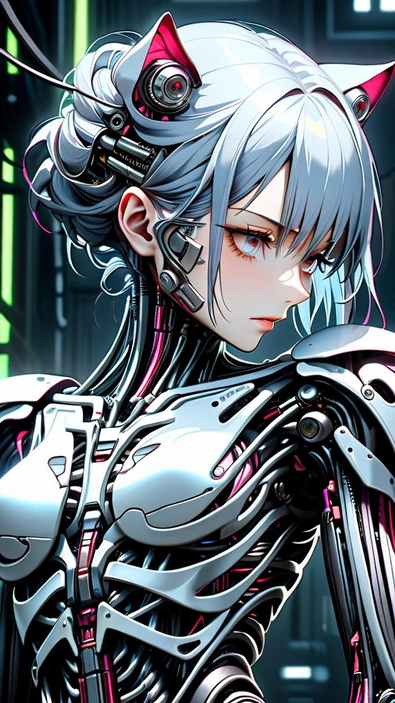 (((Masterpiece)))), (((highest quality)))), ((Ultra Definition)), (Very Detailed Photoreality), (((Very Delicate and Beautiful)), (Delicate and Pretty Face), Cinematic Light, (((1 Machine Girl)), Solo, Full Body, Big, Cleavage Is Visible Skin, White Hair, Purple Eyes, Luminous Eyes, (Mechanical Joint: 1.4), (Mechanical limbs)), (Blood vessels connected to tubes), (( Mechanical vertebrae attached to the back)), ((Cervical vertebrae of the machine) attached to the neck)), (((sitting)), expressionless, (wires and cables attached to the head and body: 1.5), (character focus), small LED lamps on the body, Evangelion, SF, metallic body, detailed neon
