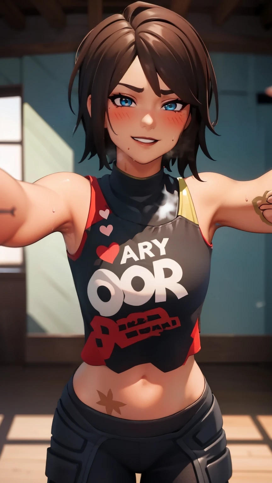 1girl, tntinafn, brown hair, short hair, blue eyes, dark tone skin, ((heavy breathing:1.3)), (blush:1.1), (black eyeshadow1:1), upper body,(speed lines:1.1), trembling, sweat, heart, tattoos, navel, red crop top, one bare shoulder, brown lips, smile, looking at viewer, facing viewer, outstretched arms, kabedon pov,