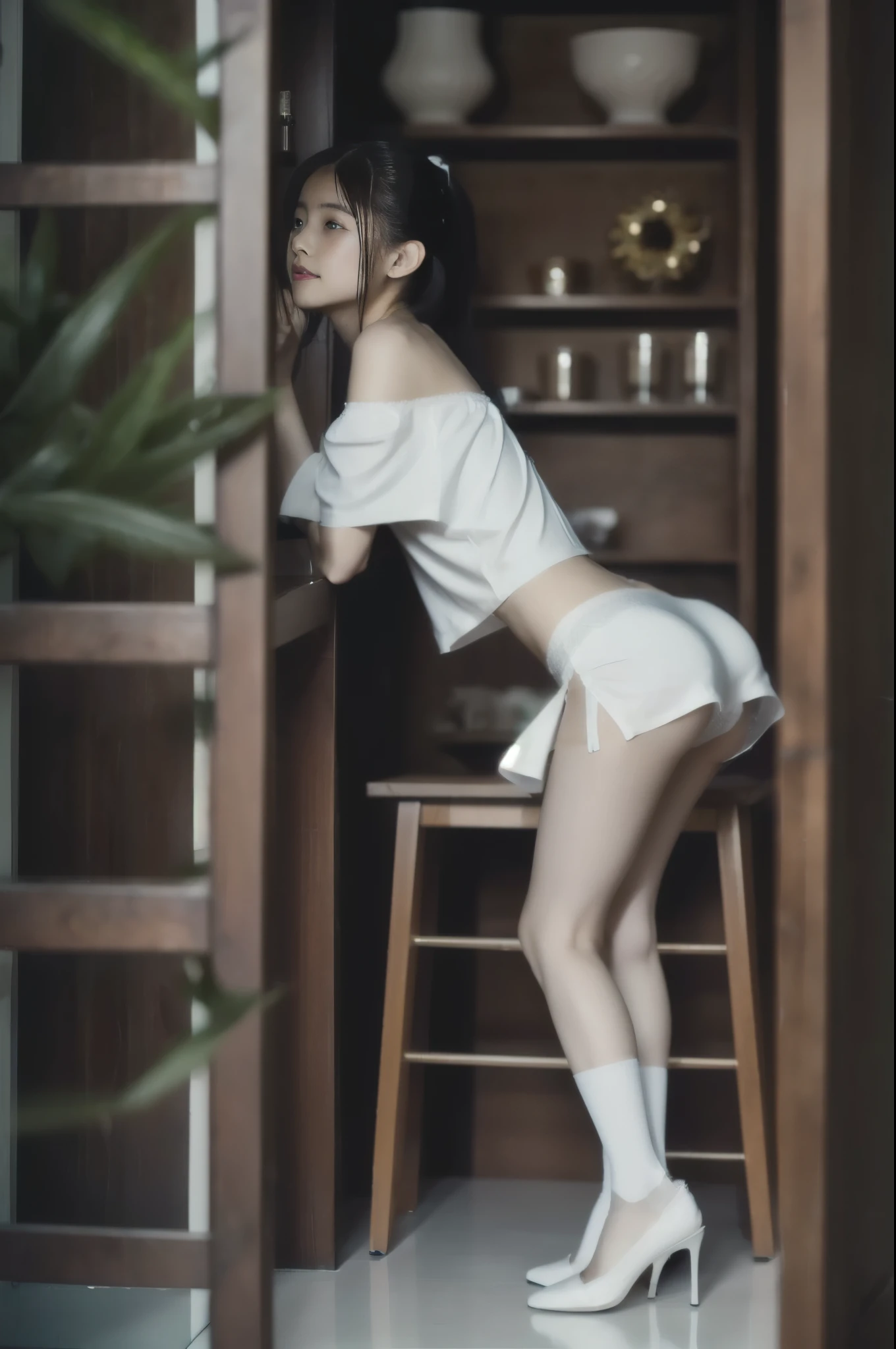 Changed the underwear to white lace, the underwear has cotton texture, the underwear crotch is detailed, black-rimmed glasses