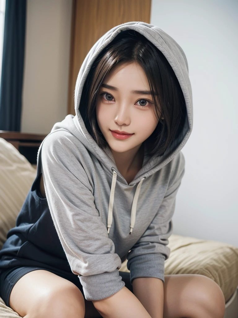 (8K), (Best Quality: 1.2), (Realistic), (Photorealistic: 1.35), ((Dignified Expression)))), Ultra High Definition, 1 Girl, Cute, Smile, Closed Mouth, Beautiful Details, Beautiful Nose, Full Body, Colossal, Hoodie, Shiny Thighs, Fleshy, My Room with a lot of stuffed animals, Sit surrounded by stuffed animals, Hair up, Lift your hair