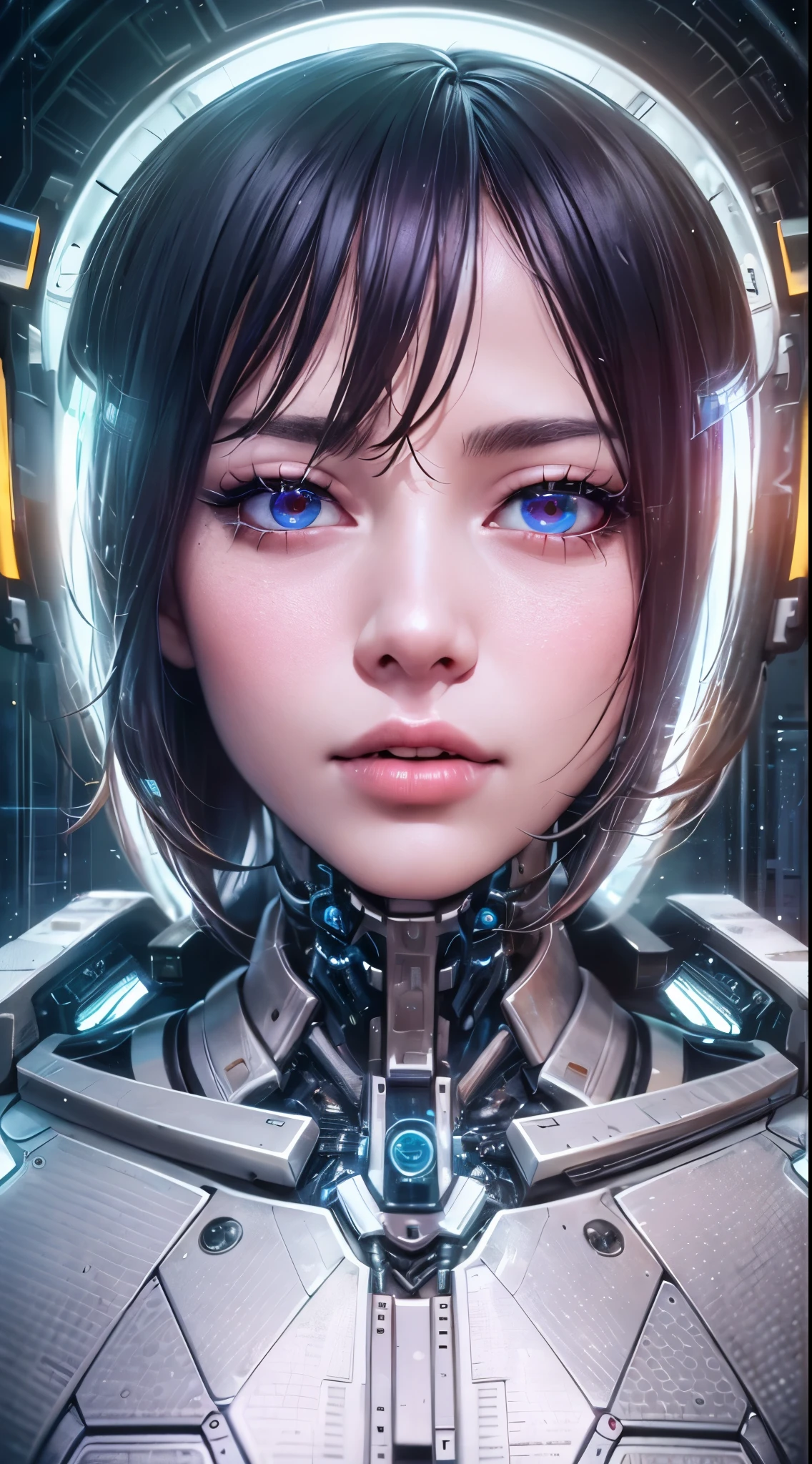 a cyborg woman, beautiful detailed eyes, detailed beautiful lips, Extremely detailed face and skin, long eyelashes, futuristic cybernetic implants, bright energy effects, intricate mechanical details, neon lights, dark sci-fi atmosphere, Cinematographic lighting, arte digital, muted color palette, dramatic shadows, photorealistic, 8K, highest quality, masterpiece