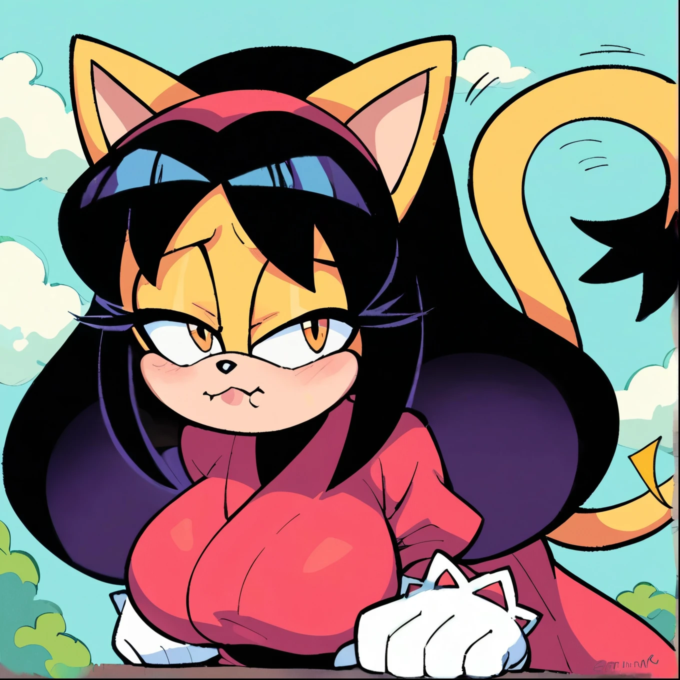 score_9, score_8_up, 2D, flat color, a plain white background with nothing in it, looking at viewer, 1girl, very detailed, extremely detailed, honey the cat from the sonic the hedgehog series, standing, full body, wide hips, narrow waist, curvy, (nude, nipples, pussy), frilly hair ties, smile, half-closed eyes, smug smile, bent over, paw feet