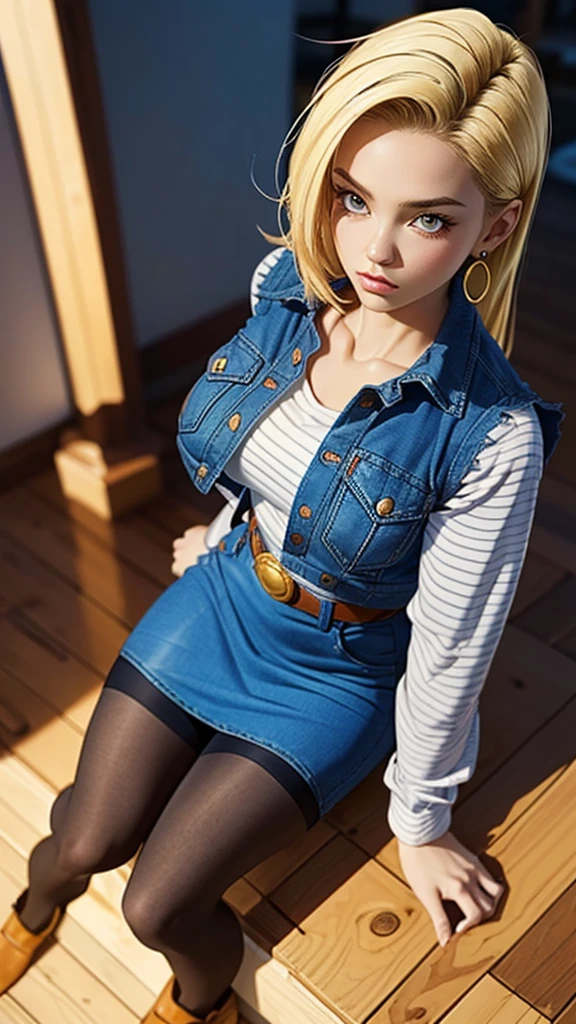 (ultra realistic,32k, masterpiece:1.2),(high detailed skin:1.1),( high quality:1.1),
android 18, 1girl, solo, (blue eyes:0.70), Long Straight hair, blonde hair, earrings,denim skirt, blue skirt, pencil skirt, black shirt, long sleeves, striped sleeves, brown belt, black pantyhose, denim vest, blue vest,,huge breast,large breast,,(looking at viewer, sitting, from above:1.1),, (dense light rays:1.1),   blank background, blurry background,