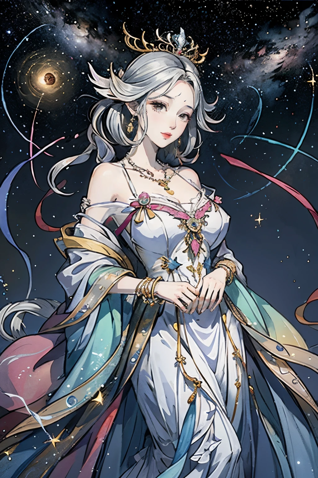 （masterpiece，Best Quality，High resolution, Unity8k wallpaper, Official Art), (One young beautiful girl), colorful, Detailed illustration art, Super detailed，Large Breasts, (Intertwined, Datura stramonium, Tangle), The Goddess, White lace dress, Silver Tiara, necklace, earrings, Gold Bracelet, Off the shoulder, Look at me and smile, Divine Light，Like a painting, flash drawing，Vibrant colors, Perfect Majic, Fantasy World, background, star雲, star, milky way, Detailed digital art, 