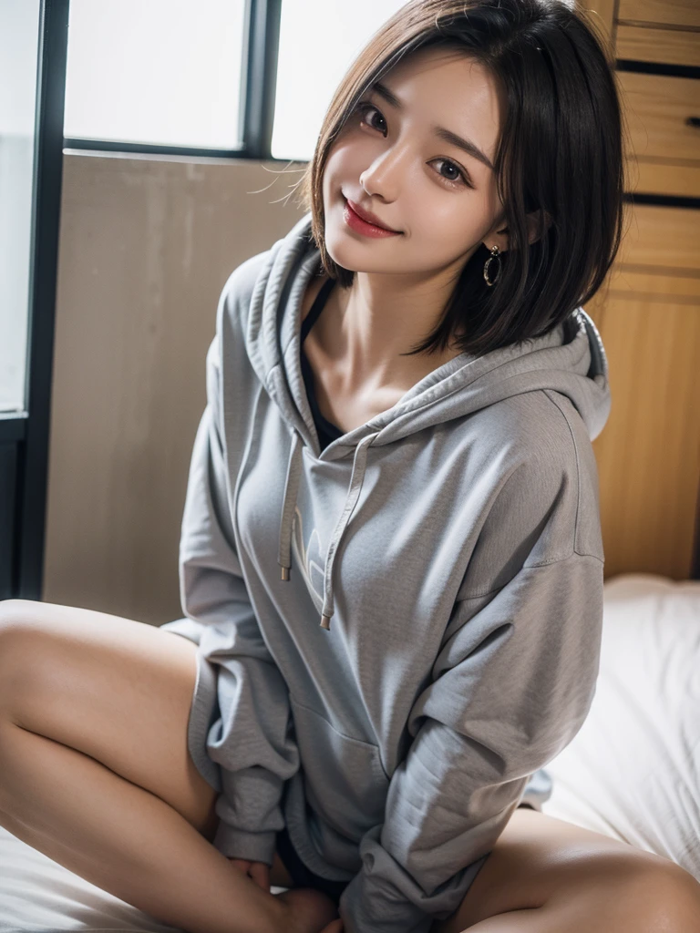 masterpiece, best quality, illustration, Super detailed, fine details, High resolution, 8K,wall paper, perfect dynamic composition,(Details High quality, realistic depiction of eyes:1.3), (Oversized Light Gray Hoodie:1.2), Erotic Shorts, big breasts, short bob hair、black hair color, Big Natural Color Lip, bold sexy pose, (perfect body shape), crying a little、Harajuku style、20 year old girl、cute type、lolita、beautiful legs, hotel room, gravure idol