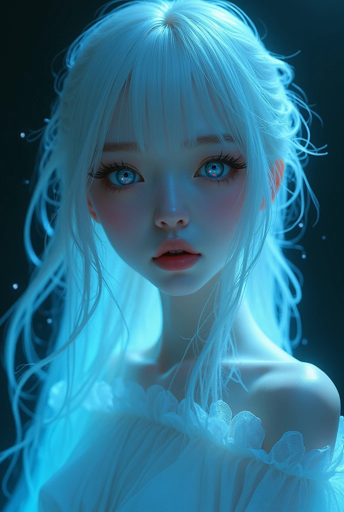 a young woman with unusual white hair, extremely detailed eyes and face, detailed porcelain skin, elegant, restful facial expression, long eyelashes, anime style, high quality, 8k, detailed intricate clothing, mystical glowing blue aura, dark moody background, dramatic lighting, cinematic composition, fantasy, digital art full-body portrait,