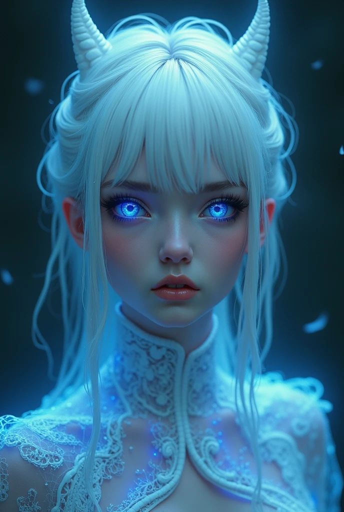 a young woman with unusual white hair, extremely detailed eyes and face, detailed porcelain skin, elegant, restful facial expression, long eyelashes, anime style, high quality, 8k, detailed intricate clothing, mystical glowing blue aura, dark moody background, dramatic lighting, cinematic composition, fantasy, digital art full-body portrait,