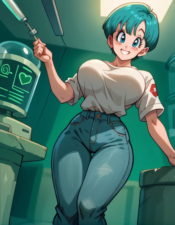 1 woman, Bulma Letter, short hair, by the sea green, big breasts,high resolution, masterpiece, anatomically correct, necessary, High details, Blue eyes, smiling, laboratory, bata de laboratory, jeans, thick thighs, detailed eyes