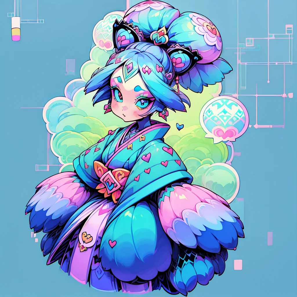 high quality、Vibrant colors、High image quality、(Girl with makeup:1.37) 、Wearing a Gothic Kimono, Neon blue and white women&#39;s collection, Cute cartoon design, Sky blue and bright yellow
，Geometric background，Sticker Style,
 , Attention to detail, High resolution，An unprecedented amount of drawing、(Nikki Style Kawaii Style:1.5)