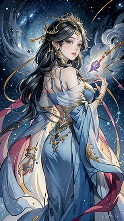 （masterpiece，Best Quality，High resolution, Unity8k wallpaper, Official Art), (One young beautiful girl), colorful, Detailed illustration art, Super detailed，Large Breasts, (Intertwined, Datura stramonium, Tangle), The Goddess, White lace dress, Silver Tiara, necklace, earrings, Gold Bracelet, Off the shoulder, Look at me and smile, Divine Light，Looking back beauty, Like a painting, flash drawing，Vibrant colors, Perfect Majic, Fantasy World, background, star雲, star, milky way, Detailed digital art, 