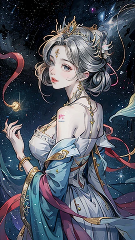 （masterpiece，Best Quality，High resolution, Unity8k wallpaper, Official Art), (One young beautiful girl), colorful, Detailed illustration art, Super detailed，Large Breasts, (Intertwined, Datura stramonium, Tangle), The Goddess, White lace dress, Silver Tiara, necklace, earrings, Gold Bracelet, Off the shoulder, Look at me and smile, Divine Light，Looking back beauty, Like a painting, flash drawing，Vibrant colors, Perfect Majic, Fantasy World, background, star雲, star, milky way, Detailed digital art, 