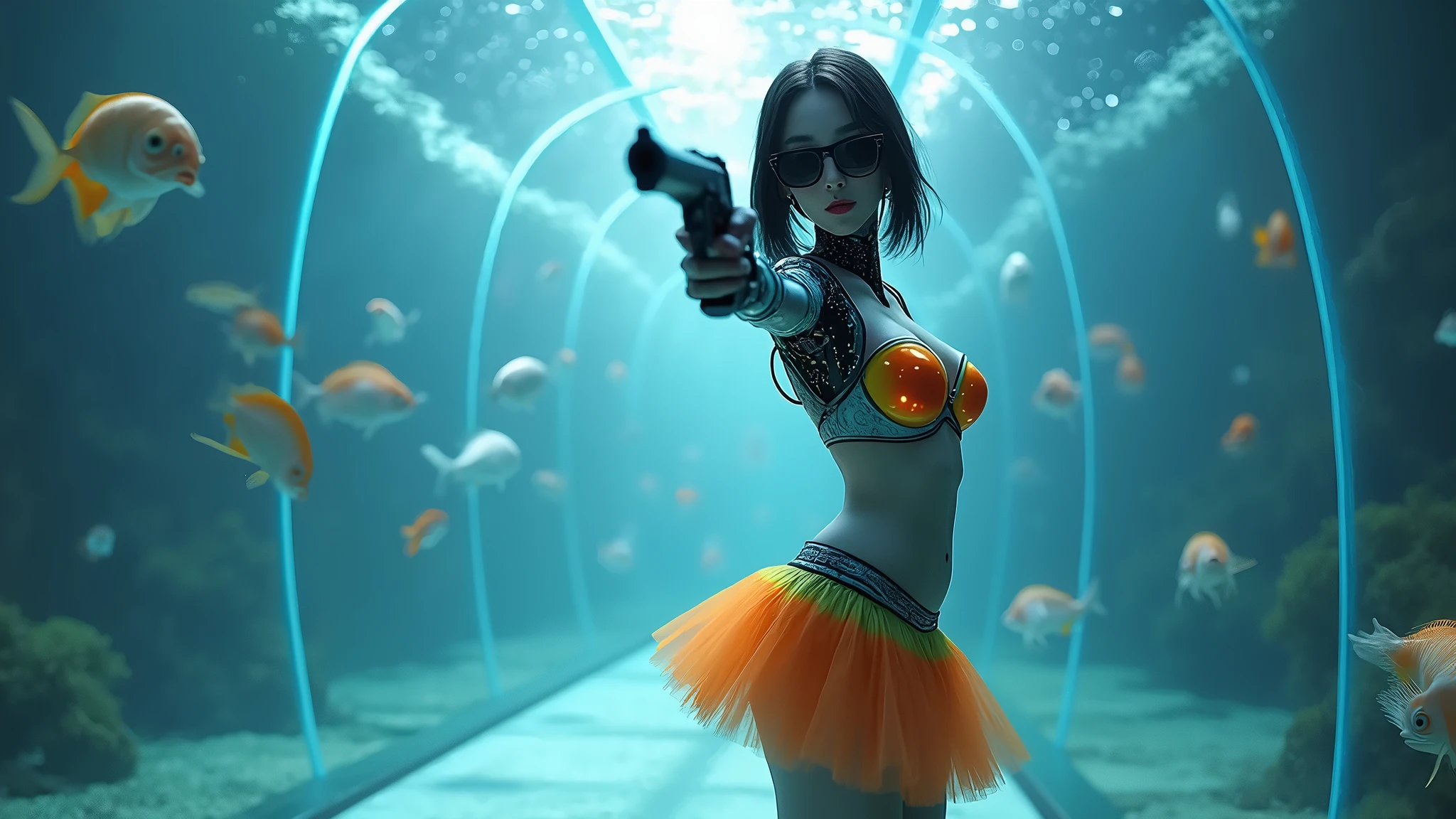 (extremely realistic CG unity 8k wallpaper, masterpiece, best quality, ultra real), (best lighting), woman diving, perfect body, big breasts, décolletage, oxygen bottle, bubbles, diving goggles, red swimsuit, view from behind, corals, goldfish, photo, photographs, real, --auto