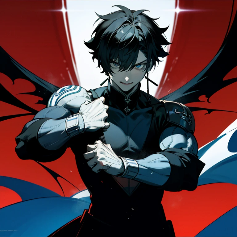 The illustration shows a male character with a bold and striking style.. Her short hair, Pointed and black, it has a distinctive sheen that seems to catch the light in a dramatic way., adding intensity to your expression. The bright red background color contrasts sharply with the dark, cool tones of her skin., which is noticeably greyish, giving a mysterious and almost supernatural air. His eyes are particularly prominent., One of them is a deep red that seems to shine., while the other is a darker shade, as if he had a tattoo under his right eye, which adds a touch of rebellion and strength.

His mouth shows a sinister and confident smile, with fangs suggesting a vampiric touch or perhaps some other kind of supernatural being. He wears small hoop earrings in both ears., giving it an urban and contemporary feel. The choice of the red background suggests intensity and danger., complementing the wild and fierce nature of the character.

The focus on his face and aggressive expression reinforce the idea that this character is a dangerous and fearsome individual.. Dark tones, along with the background glow, They create a play of light that enhances the shadows, giving it an almost three-dimensional appearance. The cut of the drawing from the shoulders up also focuses all the attention on his facial expression and the detail of his fangs., making it clear that he is a dominant and reckless character.

This character seems designed to impact visually, with elements that reinforce their individuality and power, transmitting a strong and determined personality.

Close-up portrait, an ultra detailed face, portrait taken from the shoulders up.