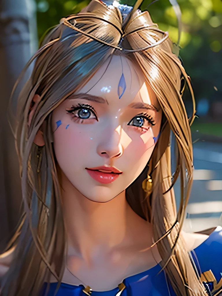 (masterpiece, best quality:1.4), (close up), 1girl, solo, (european youth:1), Belldandy, Belldandy_Blue_Dress, goddess face symbols, looking at viewer, beautifull smile, beautiful face, highly detailed face, highly detailed eyes, sexy bodies, highly detailed skin, skin pores, subsurface scattering, realistic pupils, full face blush, full lips, detailed background, depth of field, volumetric lighting, sharp focus, absurdres, realistic proportions, good anatomy, (realistic, hyperrealistic:1.4), 16k hdr,