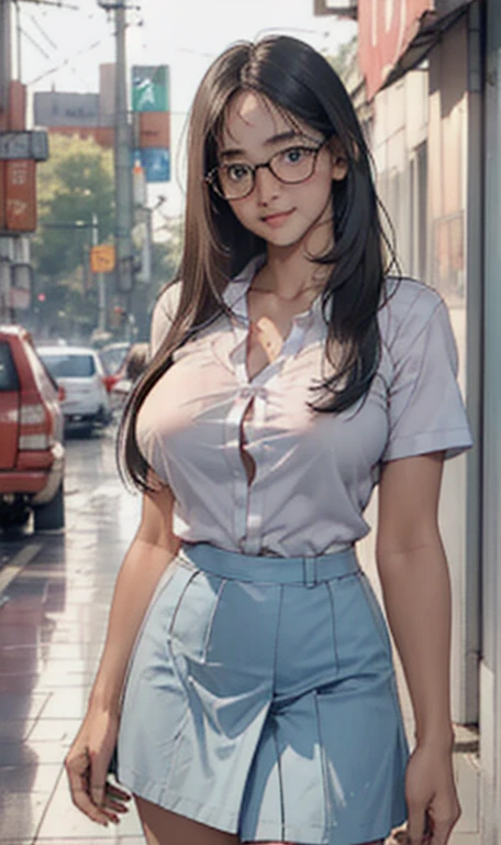 1 girl, (((at park))), (transparent white shirt), (wet shirt), (mini skirt), (light blue skirt), RAW photo, (photorealistic:1.37, realistic), highly detailed CG unified 8K wallpapers, 1girl, ((slender body:1)), (Long Straight Hair:1.6), Blue Eyes, (big breasts:1.7), looking at viewer, ((straight from front)), (HQ skin:1.2), (clean skin:1.2), 8k uhd, dslr, soft lighting, high quality, film grain, Fujifilm XT3, (full body:0.8) , tokyolagii , (bold glasses), full body in, perfect body, two legs, long legs, naval, (wide waist:1.2), (big tigh:1.3), (cleavage:0.8), sad, blushing