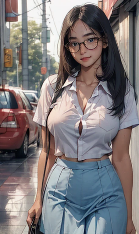 1 girl, (((at park))), (transparent white shirt), (wet shirt), (mini skirt), (light blue skirt), RAW photo, (photorealistic:1.37, realistic), highly detailed CG unified 8K wallpapers, 1girl, ((slender body:1)), (Long Straight Hair:1.6), Blue Eyes, (big breasts:1.7), looking at viewer, ((straight from front)), (HQ skin:1.2), (clean skin:1.2), 8k uhd, dslr, soft lighting, high quality, film grain, Fujifilm XT3, (full body:0.8) , tokyolagii , (bold glasses), full body in, perfect body, two legs, long legs, naval, (wide waist:1.2), (big tigh:1.3), (cleavage:0.8), sad, blushing