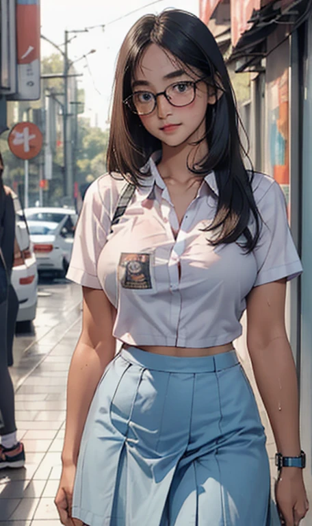 1 girl, (((at park))), (transparent white shirt), (wet shirt), (mini skirt), (light blue skirt), RAW photo, (photorealistic:1.37, realistic), highly detailed CG unified 8K wallpapers, 1girl, ((slender body:1)), (Long Straight Hair:1.6), Blue Eyes, (big breasts:1.7), looking at viewer, ((straight from front)), (HQ skin:1.2), (clean skin:1.2), 8k uhd, dslr, soft lighting, high quality, film grain, Fujifilm XT3, (full body:0.8) , tokyolagii , (bold glasses), full body in, perfect body, two legs, long legs, naval, (wide waist:1.2), (big tigh:1.3), (cleavage:0.8), sad, blushing