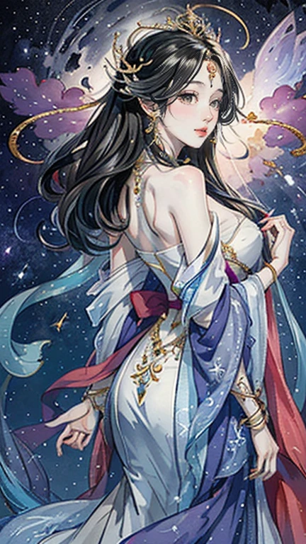 （masterpiece，Best Quality，High resolution, Unity8k wallpaper, Official Art), (One young beautiful girl), colorful, Detailed illustration art, Super detailed，Large Breasts, (Intertwined, Datura stramonium, Tangle), The Goddess, White lace dress, Silver Tiara, necklace, earrings, Gold Bracelet, Off the shoulder, Look at me and smile, Divine Light，Looking back beauty, Like a painting, flash drawing，Vibrant colors, Perfect Majic, Fantasy World, background, star雲, star, milky way, Detailed digital art, 