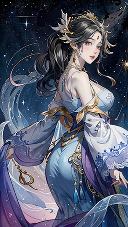 （masterpiece，Best Quality，High resolution, Unity8k wallpaper, Official Art), (One young beautiful girl), colorful, Detailed illustration art, Super detailed，Large Breasts, (Intertwined, Datura stramonium, Tangle), The Goddess, White lace dress, Silver Tiara, necklace, earrings, Gold Bracelet, Off the shoulder, Look at me and smile, Divine Light，Looking back beauty, Like a painting, flash drawing，Vibrant colors, Perfect Majic, Fantasy World, background, star雲, star, milky way, Detailed digital art, 