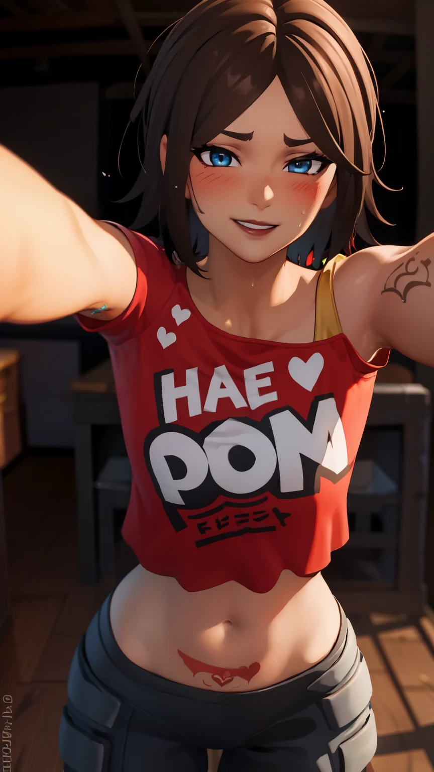 1girl, tntinafn, brown hair, short hair, blue eyes, dark tone skin, ((heavy breathing:1.3)), (blush:1.1), (black eyeshadow1:1), upper body,(speed lines:1.1), trembling, sweat, heart, tattoos, navel, red crop top, one bare shoulder, brown lips, smile, looking at viewer, facing viewer, outstretched arms, kabedon pov,