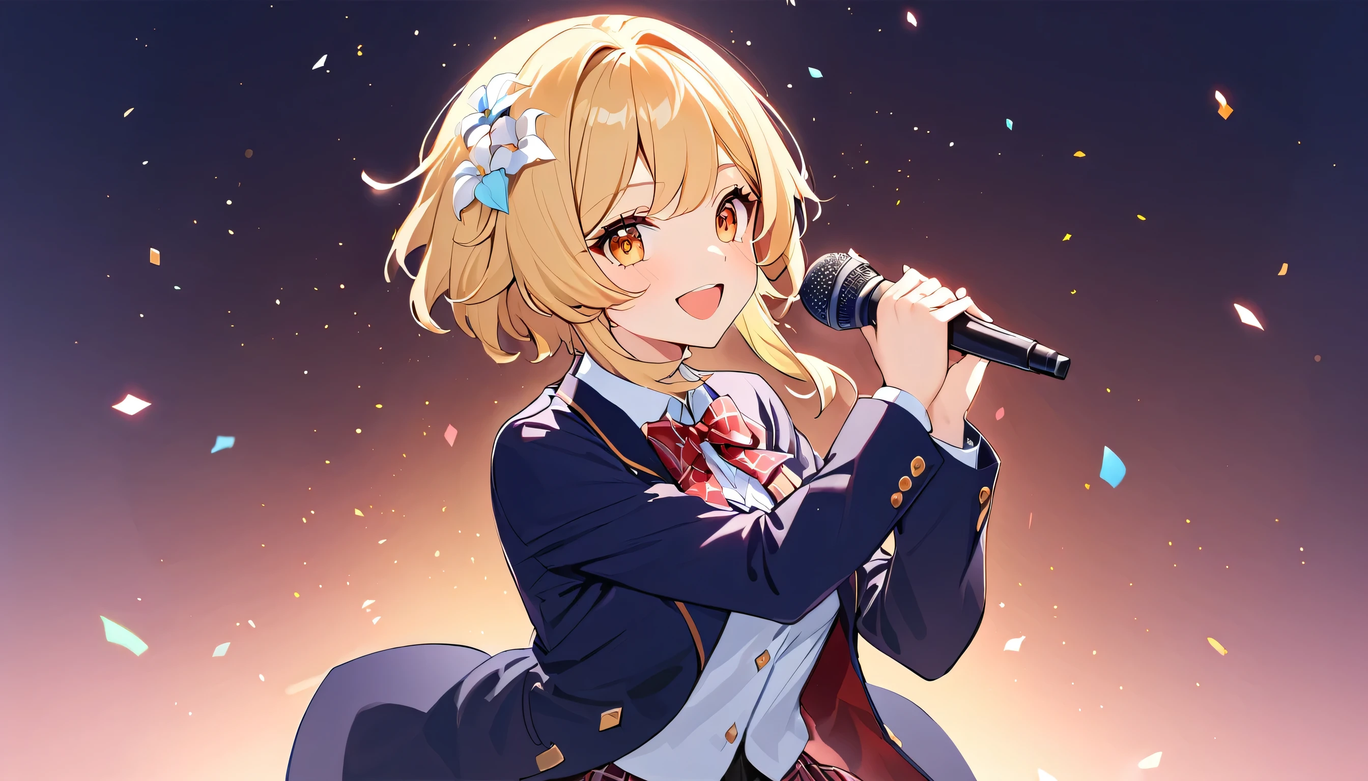 score_9, score_8_up, score_7_up, score_6_up, 1girl, lumine, genshin impact lumine, short hair, blonde, golden eyes, flower in hair, blunt bangs, sing, singing, open mouth, mic, half bodies, smile, positive vibes, ((looking at viewers, cowboy shot)), skirt, school uniform, jacket, plaid, kneehighs, plaid skirt, blazer, side pov, side camera view, holding a mic, solo, half body, simple background