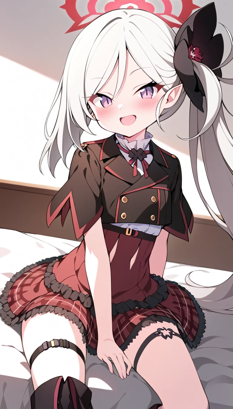 (mutsuki-default:1.2)
mutsuki \(blue archive\),purple eyes,white hair,side ponytail,halo,pointy ears,cropped jacket,short sleeves,high-waist skirt, frilled skirt,black boots,a thigh strap,facing camera, sitting in the bed