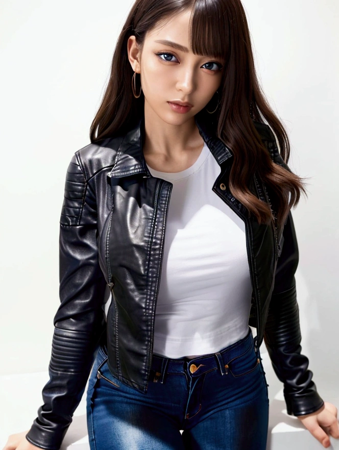 One girl,Sexy pose,Highest quality,masterpiece,figure,Very delicate and beautiful,CG,Unity,8k wallpaper,wonderful,In detail,masterpiece,Official Art,Very detailed CG Unity 8k wallpaper,Incredibly absurd,Large file size,Super detailed,High resolution,Very detailed,Beautiful detailed girl,Realistic,from the front,Outdoor,Turtleneck shirt,skirt,Light contrast,leather jacket,