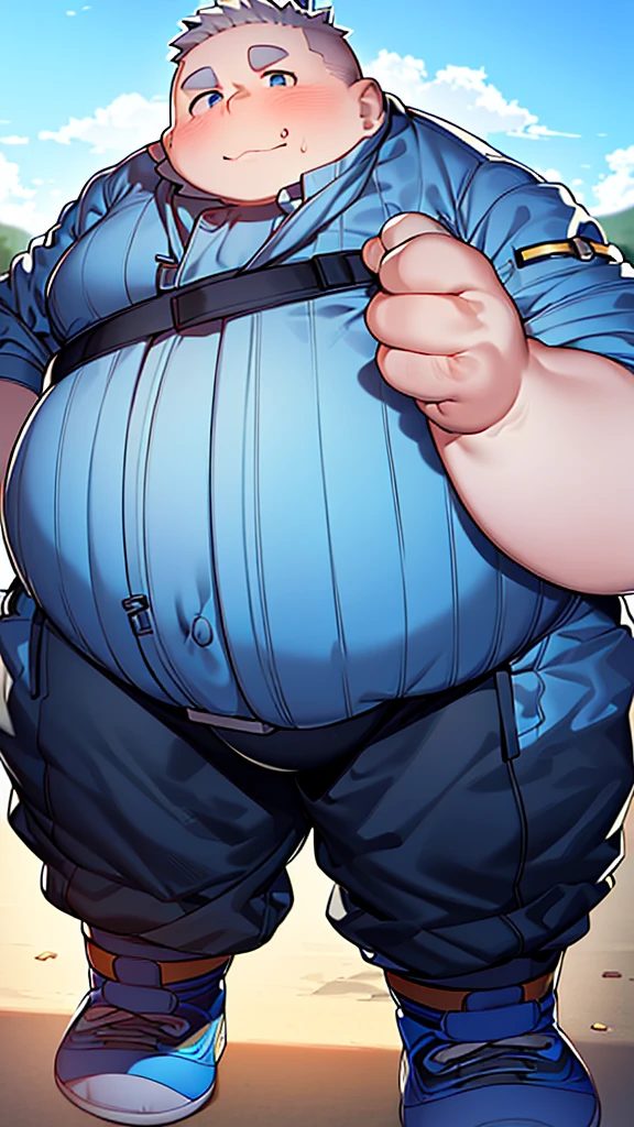 chubby morbidly obese immobile tall boy, giant belly hanging from waist, wide thighs, strong arms, man boobs (moobs), big moobs, chubby cheeks, tender curious look, blushing, sweaty, small school clothes, eating some chips in the school yard, photorealistic, 8k, cinematic lighting, masterpiece, detailed skin texture, vibrant colors, dramatic composition, full body image