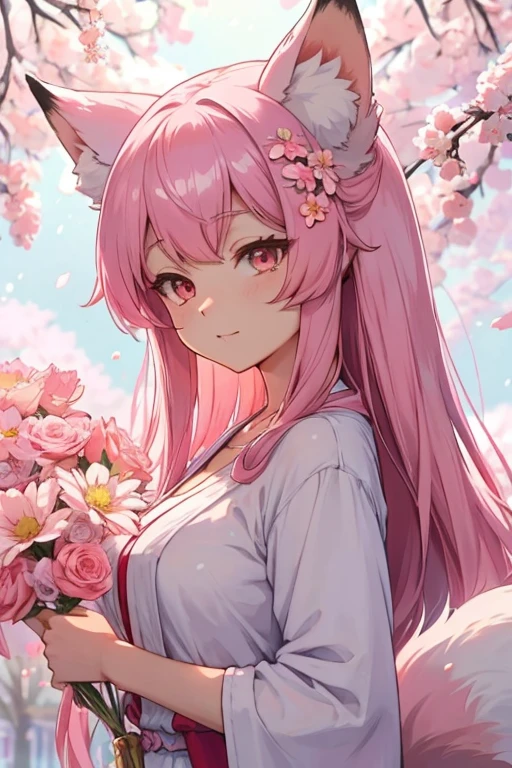 Nine Snow White Fox Tails (1.0), Milky Fox Tail (1.0), Nine-tailed fox close-up, Nine Tail, Nine Tail, With pink hair、Anime girl in a pink dress with flowers in her hair, very Beautiful anime fox girl, Beautiful anime fox girl, Beautiful fantasy anime, Gwaiz, Anime girl with fox ears, Beautiful Anime Girls, Very pretty and cute fox girl, Pink flower rain, Background Blur, Anime Style 4k, Anime fantasy art, 4k anime wallpaper, Gubes-inspired artwork