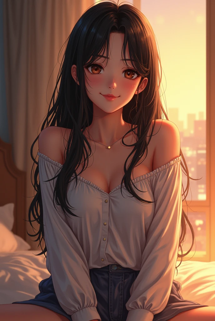((masterpiece,best quality,ultra detailed,ultra high res,detailed background)),hdr,chiaroscuro,pov,(bedroom),morning,(sunlight),window,closed curtains,cloudy sky,cityscape,1girl,black eye,medium hair,black hair,(messy sleeper),plate shorts,(sitting on bed),(waking up),full body,floor,blush