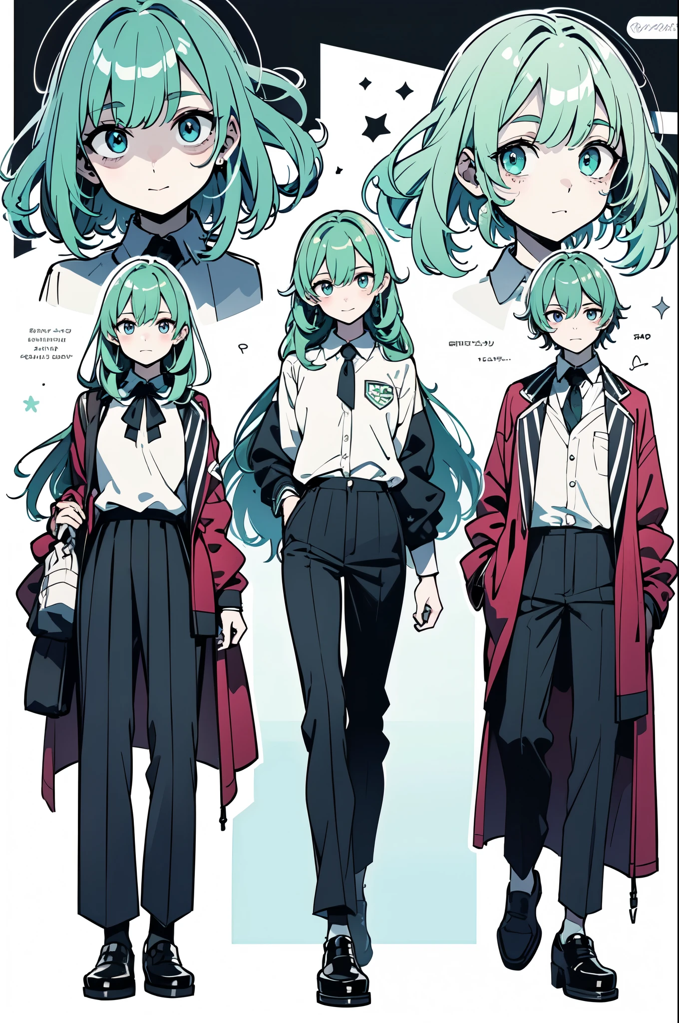 longeyelashes, light smile, Droopy eyes, Green Hair, male, Full Body Design, whole body, コンセプトアート, Simple Background, アニメアート, キャラクターデザイン, スタイリッシュ, uniform, スニーカー, Surrealism, drop shadow, anaglyph, stereogram, tachi-e, pov, atmospheric perspective, 8k, super detail, best quality