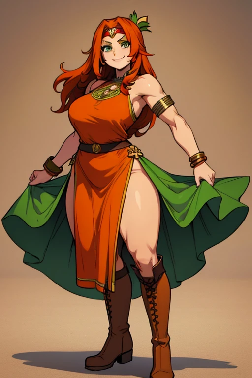 barbarian woman, toned body, long red hair, large bushy pubic hair, black thong, blank background, golden armbands
