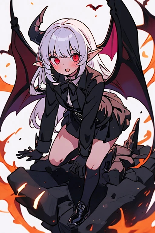 8K,  1boy, femboy, petit, adult. kawaii vampire, crimson hair, short hair, red eyes, fang, bat wings, smile, (blush), (shy), pointed ears, looking at viewer,  dynamic angle, wind, game cg, fantastic scenery, devil tail,  demon tail, thin tail, black horns, medium breast, show full body, class uniform, bulge, show ass, tentacles, bulge in panties, ass, penis, cock, dick,  futanari 