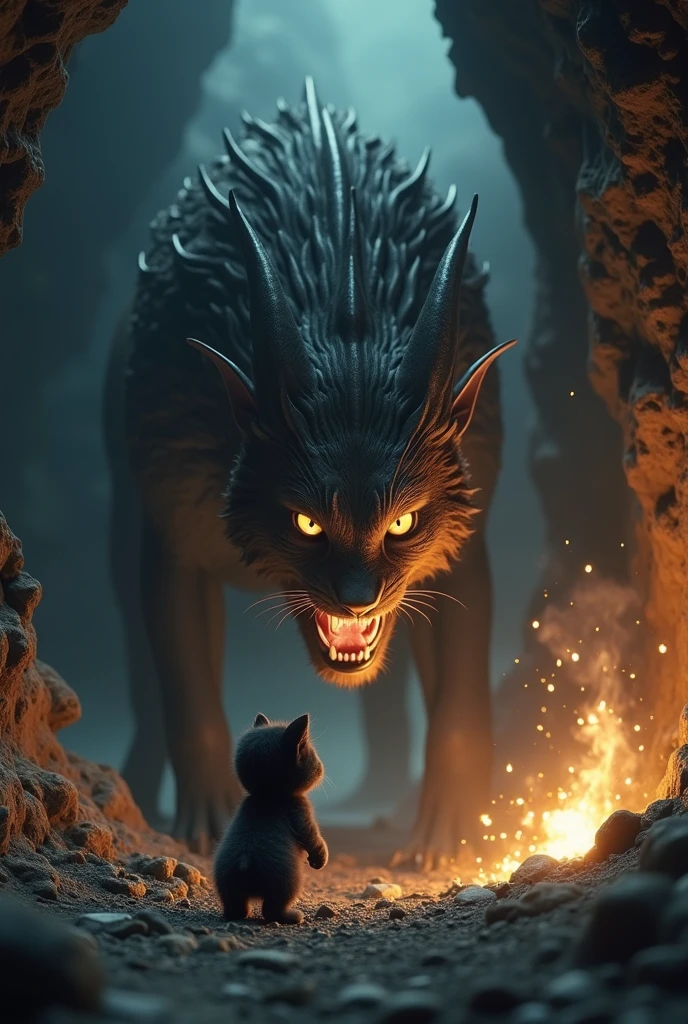 The world&#39;s cutest black kitten fighting a ferocious and terrifying monster chimera、Inside the cave、The dazzling light of the torches、Bold composition、A powerful composition、Cinematic lighting、Side view、Beam from mouth