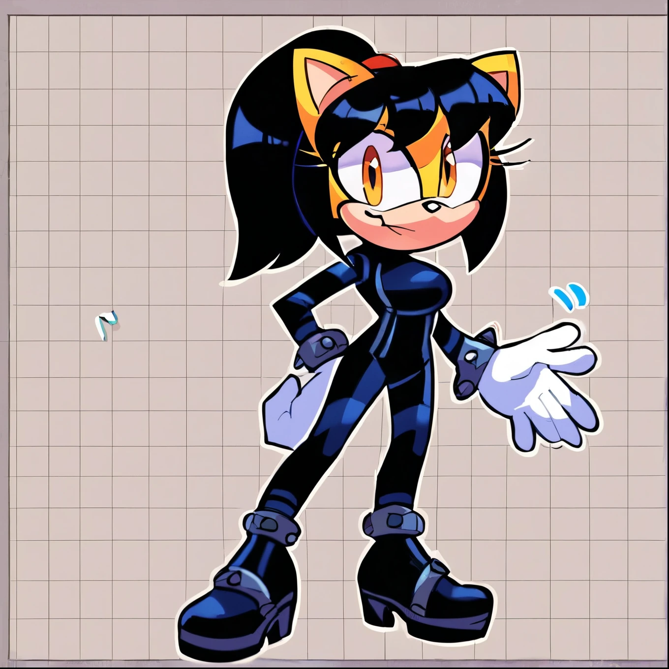 score_9, score_8_up, 2D, flat color, lab background, looking at viewer, 1girl, solo, very detailed, extremely detailed, honey the cat from the sonic the hedgehog series, portrait, full body, sound lines, curious expression, makeup, ponytail, (black colored zero suit), zero suit but black, (black bodysuit), wedge heels attached to suit, metal bracelets around wrists and ankles, large bust, milf, standing