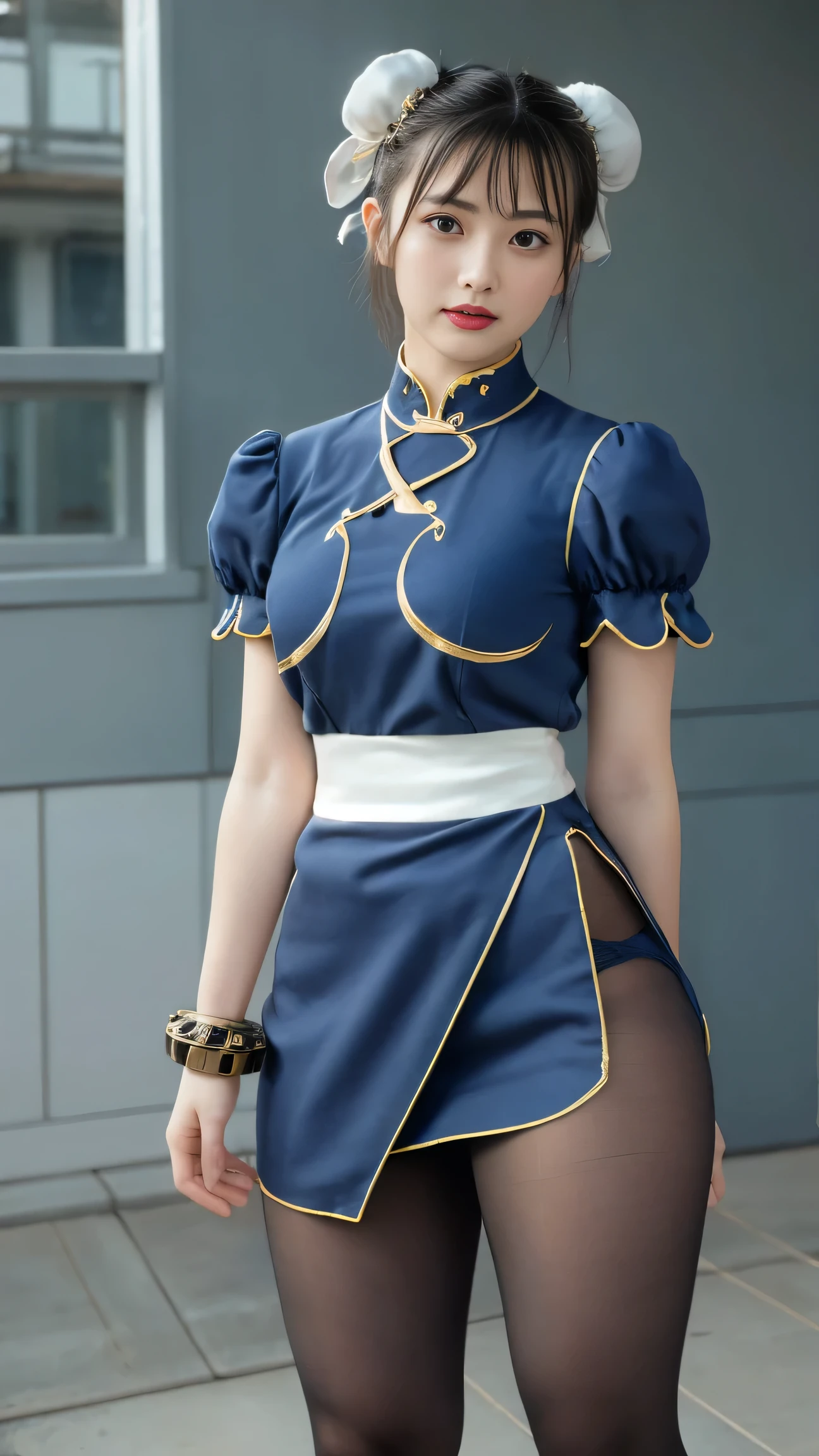 2, Beautiful woman, Clothes are not removed, smile:1.2, Looking at the camera, (Chun-Li, bracelet, thighs, chinese clothes, dress, china dress, thick thighs, bun cover):1.5, Narrow waist, (Beautiful Skin), (Beautiful Eyes), (Detailed skin:1.2), RAW Photos, Complex, Sharp focus, ((((Cinematic look)))), Insane Details, Ultra-detailed, Low contrast, Exposure Blending, High resolution, shadow, 超High resolution, Best Quality, masterpiece, ((Color images)), shadow, (Best Quality:1.2), (Very detailed:1.1), The background is a bit blurred:1.5, Lakeside, blue dress, boots, bracelet, brown pantyhose, china dress, chinese clothes, cross-laced footwear, dress, gold trim, jewelry, pantyhose, pelvic curtain, puffy sleeves, sash, short sleeves, side slit, spiked bracelet, spikes, white footwear,