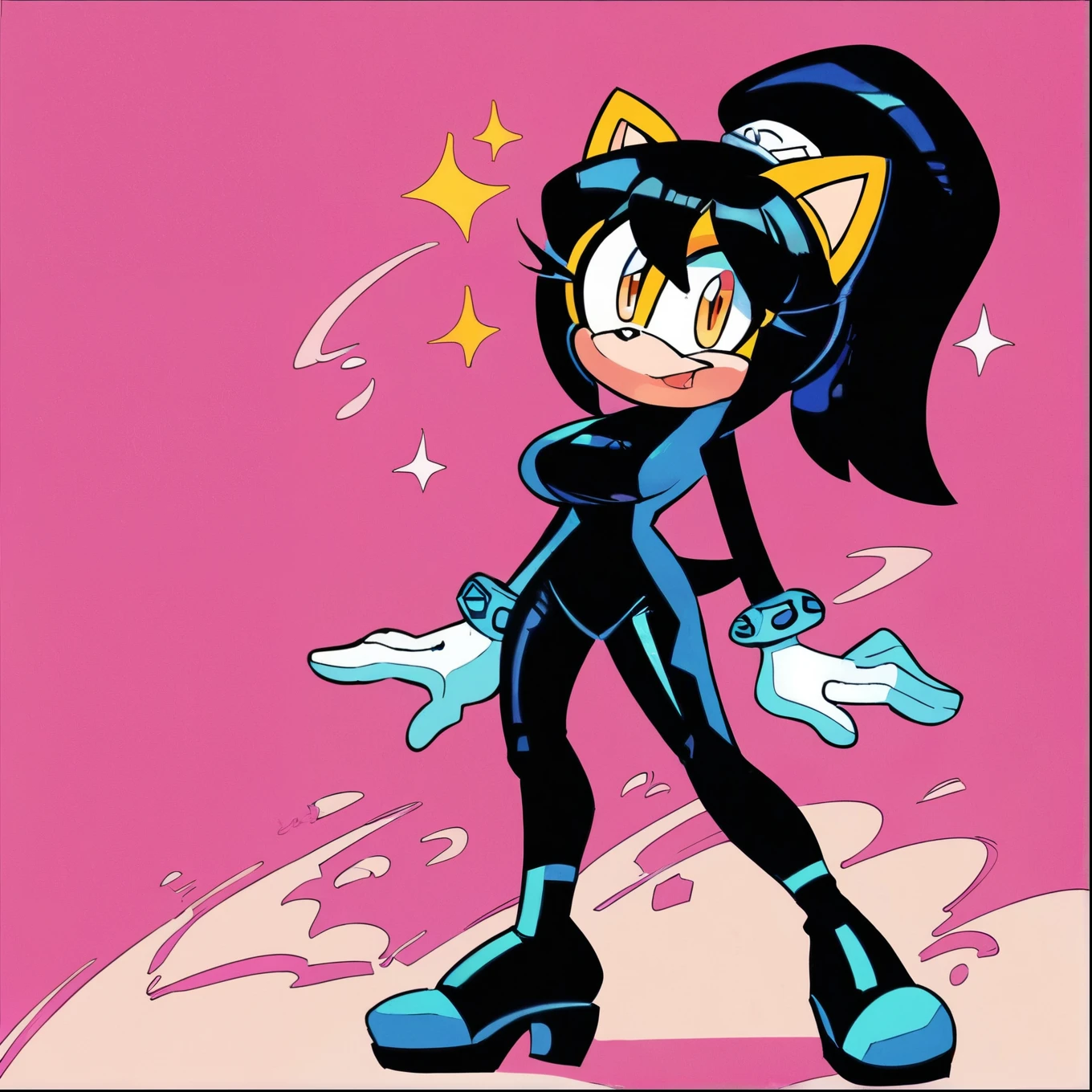 score_9, score_8_up, 2D, flat color, lab background, looking at viewer, 1girl, solo, very detailed, extremely detailed, honey the cat from the sonic the hedgehog series, portrait, full body, sound lines, curious expression, makeup, ponytail, (black colored zero suit), zero suit but black, (black bodysuit), wedge heels attached to suit, metal bracelets around wrists and ankles, large bust, milf, standing