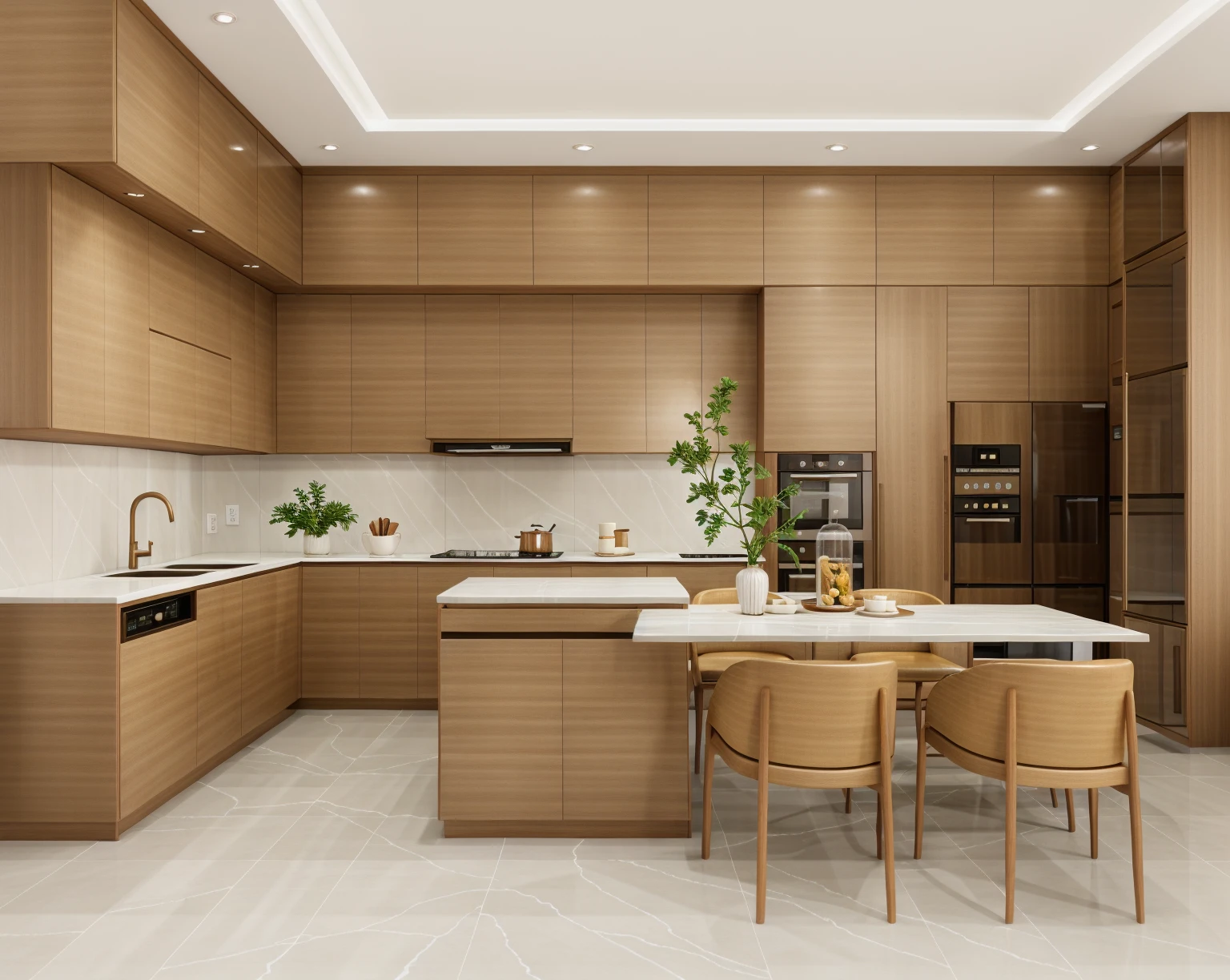 Real photo, modern kitchen and dinning room, 1 tủ lạnh, morden wooden and rattan funiture, gorgeous design, modern style, shadows, volumetric lighting, shadows, high-end photography, fidelity, bright details, sharp, unique, winning photography award, Canon EOS 5D Mark IV DSLR camera, f/ 6 , ISO 100, 1/250 sec, uhd, 8k, natural soft light Of course, best quality, Super high resolution, floor made from Honed Brick Bond Tiles Cappuccino Marble Texture:1.2, morden rattan funiture:1.1