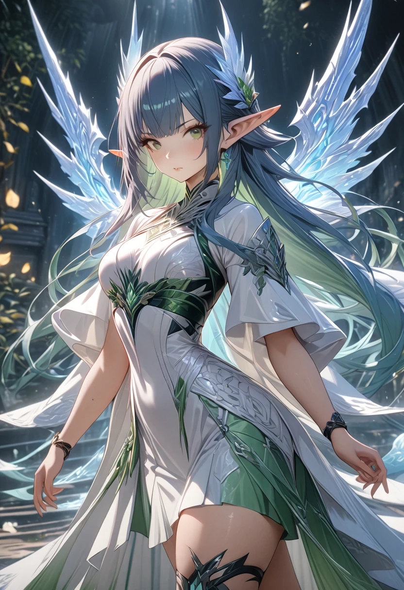 1girl,solo,green eyes,white clothes color,walking stance,blue hair,elf ear,thigh,sleek design,skirt,full body,looking to the side,style_ethereal_fantasy, visual appealing, synced, intricate character design, mystical,very aesthetic:1.6,(masterpiece,best quality),high quality,gloss