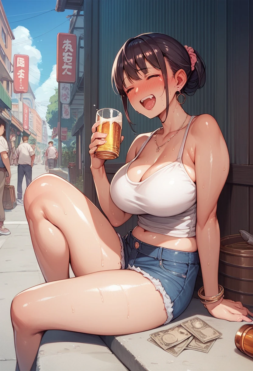 masterpiece, highest quality, High resolution, ik1, One Girl,   (Big Breasts:1.1), (Puffy nipples:1.7),Tank top,, 動物のfirst round, Cleavage, Wristband, Cartoon bones, Barrette ,Cowboy Shot, squat, Hotel, Open legs, seems to be happy, Laughter, (Dripping breast milk:1.3),(Breast milk squirting:1.5)、Camel Toe、Giant tit、Earrings、necklace、Bracelet、Caster wheel、first round、Plump、Super big breasts、Ahoge、Slut、Cleavage,Mole on chest、transformation、Odd Eye、Molester、Pregnant women