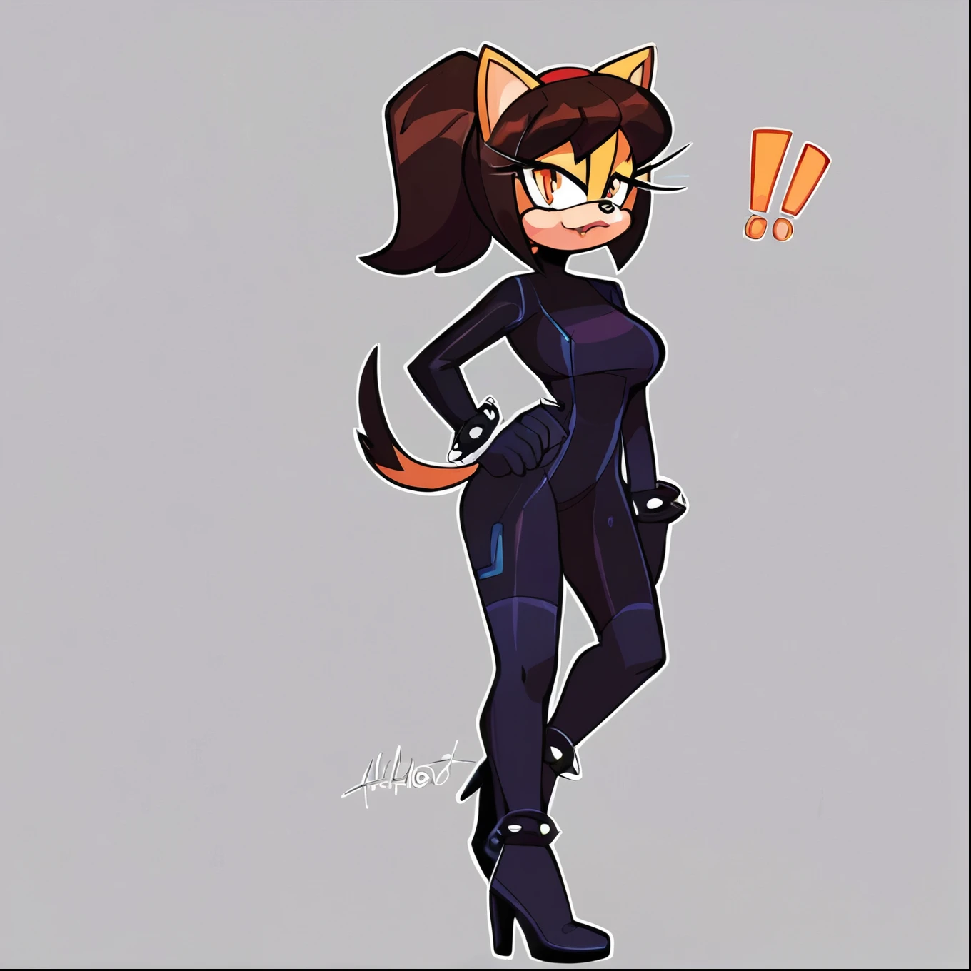 score_9, score_8_up, 2D, flat color, lab background, looking at viewer, 1girl, solo, very detailed, extremely detailed, honey the cat from the sonic the hedgehog series, portrait, full body, sound lines, curious expression, makeup, ponytail, (black colored zero suit), zero suit but black, (black bodysuit), wedge heels attached to suit, metal bracelets around wrists and ankles, large bust, milf, standing