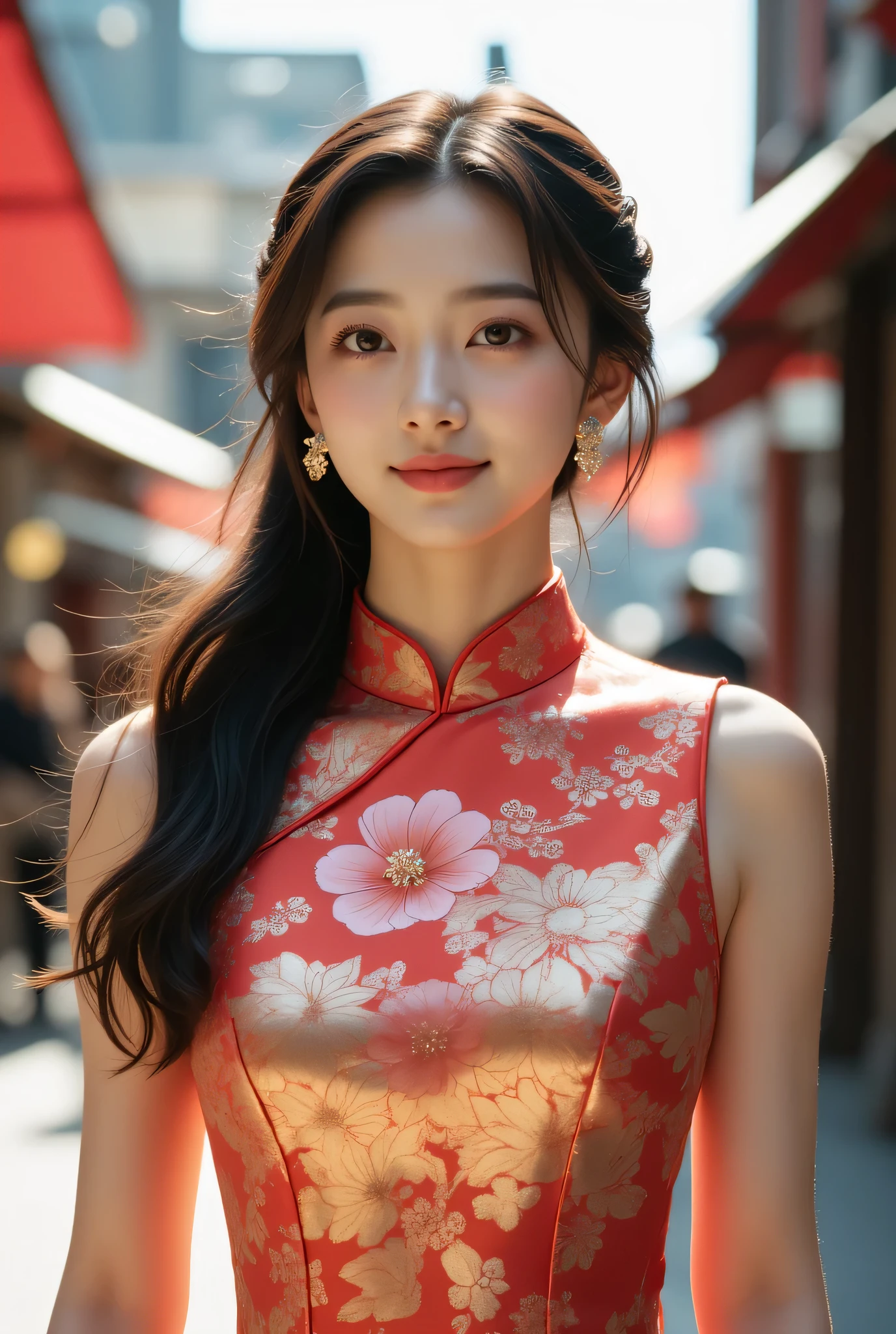 (Very beautiful cute girl), (very cute face:1.2),19 yo, (sparking crystal clear attractive large eyes), beautiful detailed eyes, Detailed double eyelids, (smiling), (realistic photograph:1.2), Super shiny metallic cobalt blue gorgeous long sleeves cheongsam, flowers pattern design cheongsam, Costume lighting,in the street,walking,(costume with smooth and strong reflective surfaces:1.1),(:1.1)