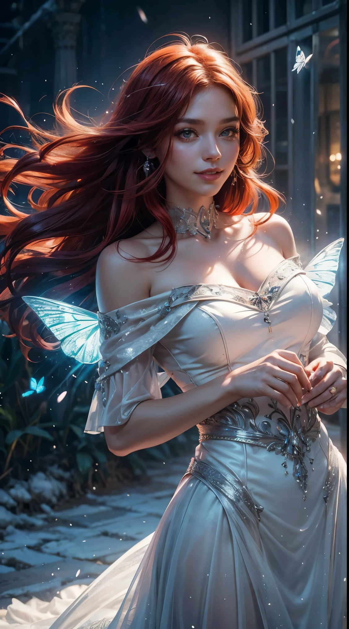 a beautiful ice goddess, good face, happy face, very long hair, realistic eyes, small breasts, ice magician, ice elemental, intricate design and details, chilling mist, cold, blizzard storm, conjuring ice spell, casting ice spell, detailed dress, (orange dress:1.5), realistic ice effect, ((ice:1.5)), snow particles, dark fantasy art style, ruined city, dramatic lighting, cinematic,