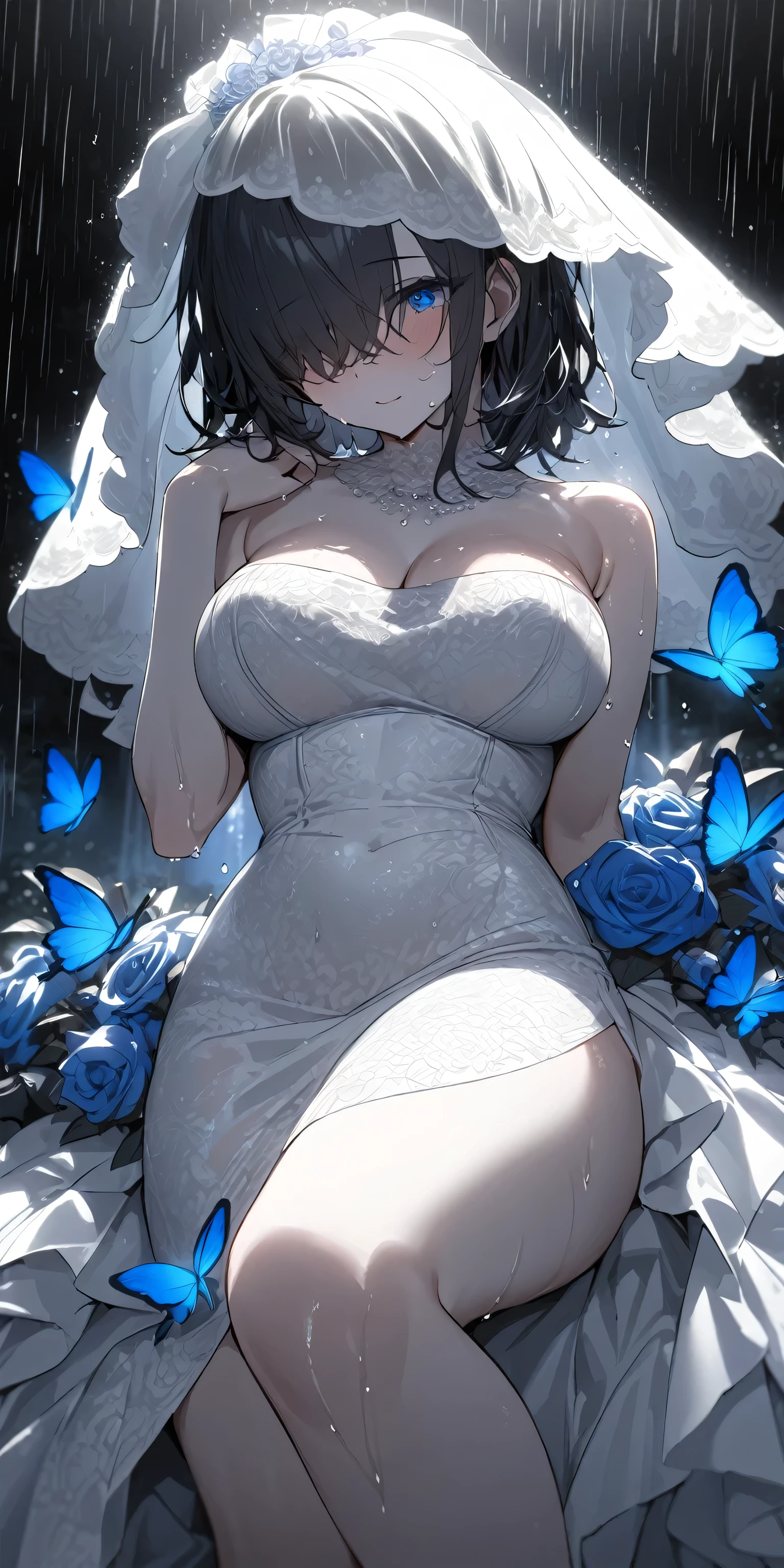 (((beautiful))), ((Wedding dress)), bouquet, Long skirt, Huge breasts, ((((Glowing Skin))), (((Intricate details))), High resolution, ((Intricate details, Ultra-detailed)), whole body, Are standing, Facing forward, smile, Red cheeks, Black Hair,