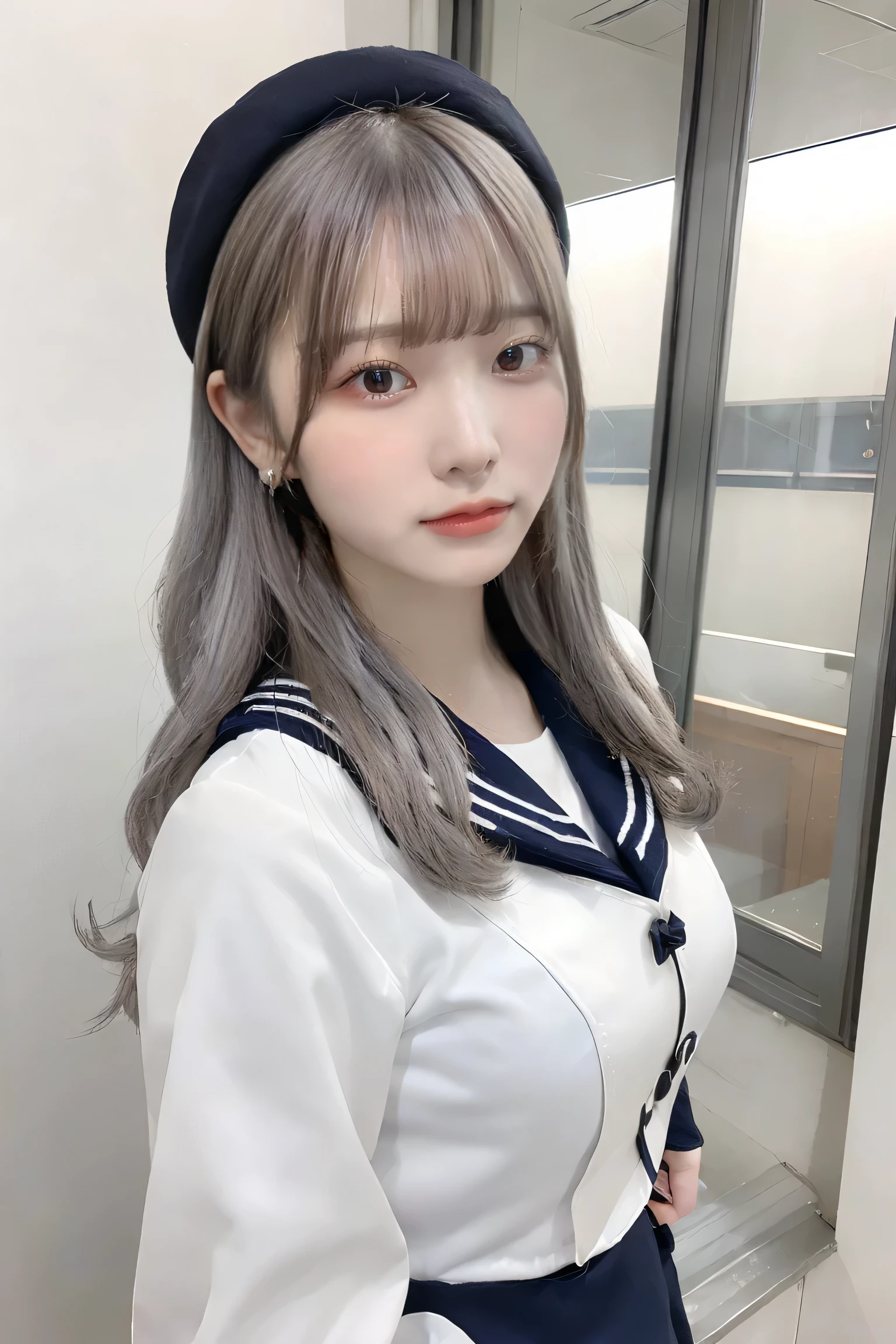 ((blunt bangs)),((blunt bangs)),((light amber and gray hair)),((light silver and light gray hair)), ((light gray and gray hair)),((light silver and light gray hair)),(((light gray and gray hair))), ((light amber and gray hair)),((light silver and light gray hair)), ((light gray and gray hair)),((light silver and light gray hair)),(((light gray and gray hair))), ,(((light amber and gray hair))),(((light amber and gray hair))), Standing figure,Daytime、a very cute,Inside the school building,, profetional lighting, photon maping、physically-based renderingt, Gradient dark brown hair,Crisp backgrounds and high resolution, a handsome, Well-groomed and beautiful eyes、Large double eyelids、Very shiny、girl with, (((student clothes、Winter clothes、Sailor suit worn by Japan 、Navy blue sailor color、scarf、a miniskirt, Small beret、high socks、lowfers、Frugal bag))), (Fine facial features),(A detailed eye)、(((Japan in sailor suit)))、((Idle system))、((school classrooms、chalk board、desk and chair、Window side))、earrings、Drawing the whole body from the knees、(((Long sleeve sailor suit)))、(Big breasts that hang down big:1.2)、Big buttocks with tension、Two arms and two legs、(((from the front side:0.3)))、bare hand