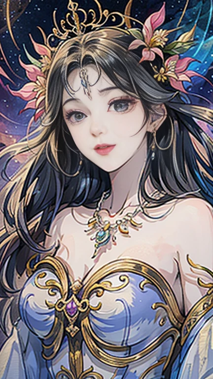 （masterpiece，Best Quality，High resolution, Unity8k wallpaper, Official Art), (One young beautiful girl), colorful, Detailed illustration art, Super detailed，Large Breasts, (Intertwined, Datura stramonium, Tangle), The Goddess, White lace dress, Silver Tiara, necklace, earrings, Gold Bracelet, Off the shoulder, Look at me and smile, Divine Light，Looking back beauty, Like a painting, flash drawing，Vibrant colors, Perfect Majic, Fantasy World, background, star雲, star, milky way, Detailed digital art, 