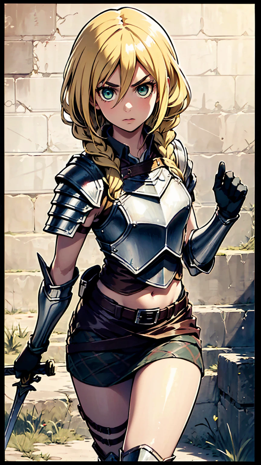 最high quality、Ultra High Definition, Ultra High Quality, Hyper Definition, Hyper Quality, Hyper Detailed, Extremely Detailed, Perfectly Detailed, Best image quality、masterpiece、anime woman((20-year-old、super dynamic pose , Green solid eyes, blonde long Hair with small braids、Disheveled Hair、Long Blonde Hair,  Glove、Plaid Skirt, Noble Armor, serious expression, Detailed Cuirass , Dressed in Noble Plate Armor, armor leg)),high quality、Beautiful art、background((Inside the mansion))、Written boundary depth、  movie、Visual Arts、Perfect art、8K,Genuine、muscular body, big breasts, exposed midriff, thick eyebrows, lip filler, holding a sword, walking towards camera , 1sword, medievel sword 