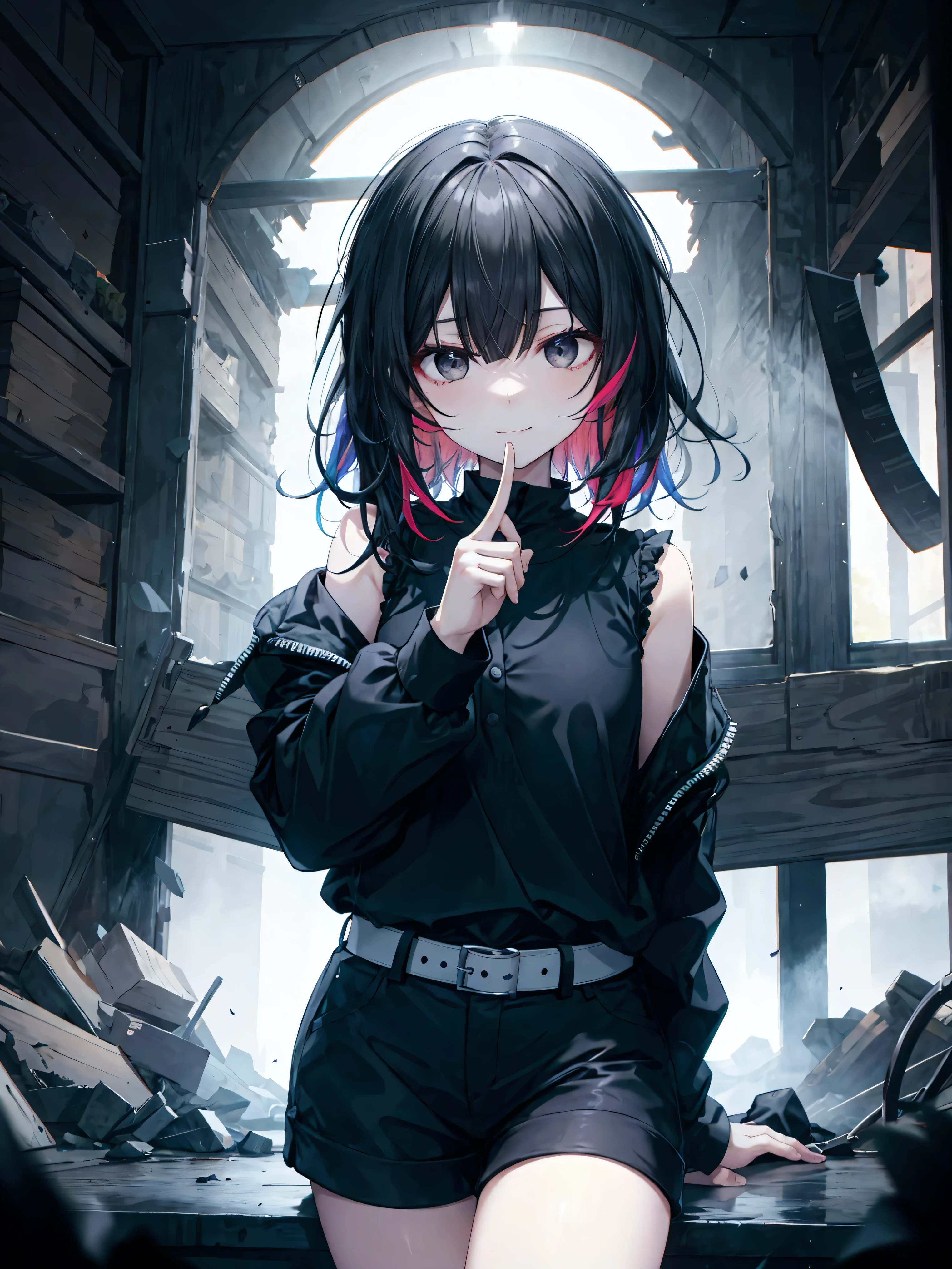 ((flat breasts))、((thin-waist))、short stature、de pele branca、((khaki hooded coat、Red and black horizontal striped shirt、short-hair、Black hair with red mesh、hair pin、Red cheeks、sticking out the tongue、a choker、Chain Necklace))